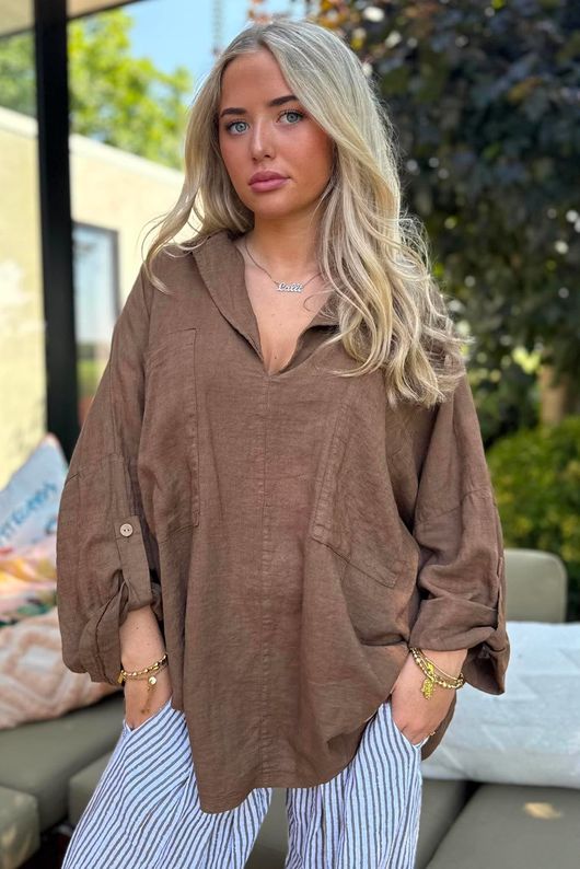Sandbar Linen Blend Pop Over Shirt Walnut